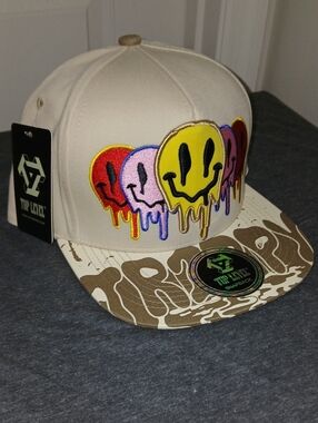 Top Level Beige Snapback Hat with Multicolor Drip Smile Embroidery